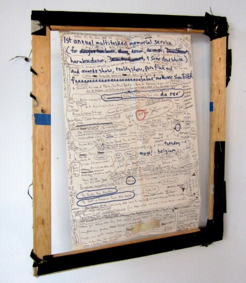 Devon Britt-Darby, 'Medline, Your Personal Bath Mat – Reorder No. NON24318,' 2004/2013 Ink, magic marker, gauze and tape on paper; linen hinges, wood stretchers with remants of canvas, staples and blue painter’s tape; metal hinges with duct tape