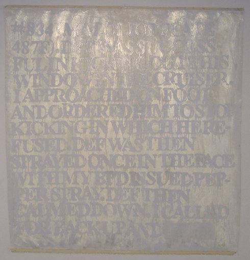 Devon Britt-Darby, 'Pepper Spray (Brockton Police Department Arrest Report Case No. 04008183),' 2013. Acrylic, glass microspheres and enamel on unstretched canvas 